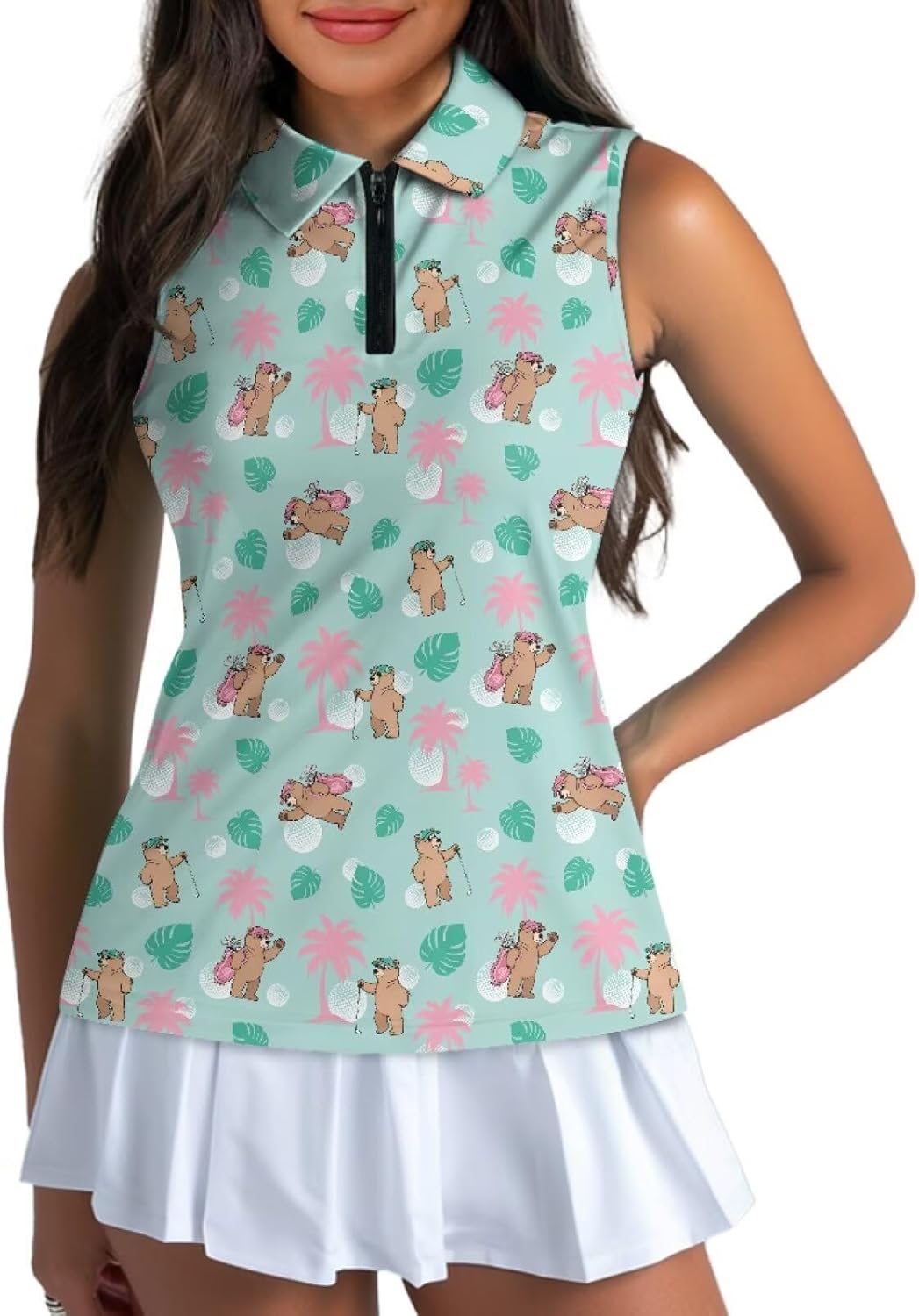 Women's Sleeveless Golf Shirt Zipper Tennis Polo Shirt Breathable Quick Dry V-Neck Pickleball Athletic Tank Tops
