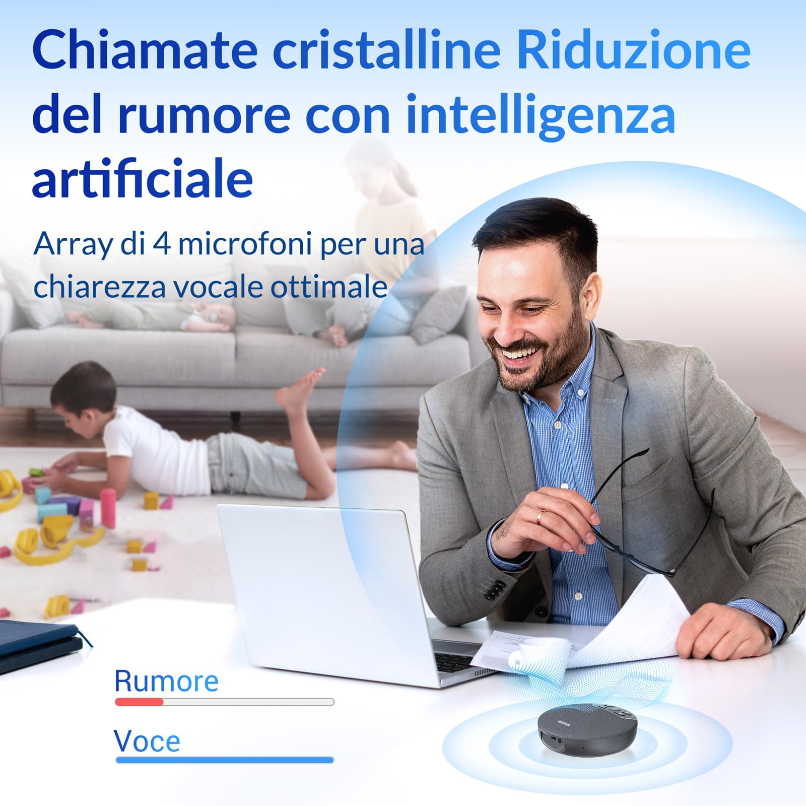 Altoparlante Bluetooth per Conferenze, 4 microfoni AI 360° voce, riduzione rumore, batteria 2600mAh, USB-C/Dongle, Daisy Chain per sale grandi, compatibile con Zoom/Teams/Skype