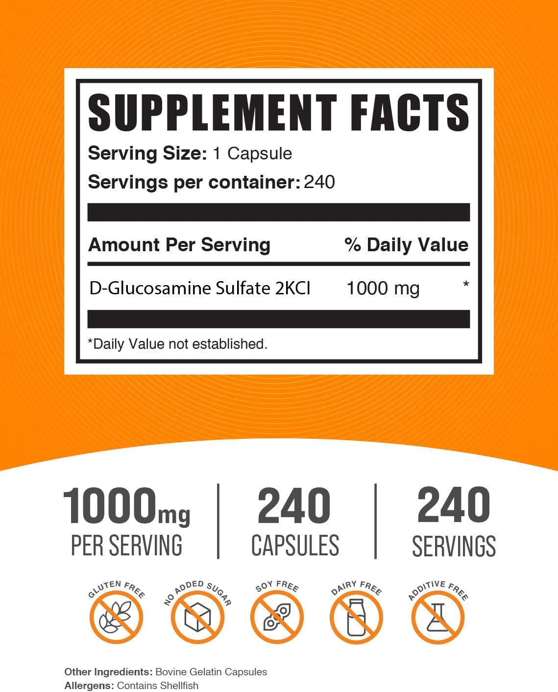 BulkSupplements.com Glucosamine Sulfate Capsules - Glucosamine Supplement, for Joint Support - Glucosamine Sulfate 1000mg, Gluten Free, 1 Capsule per Serving, 240 Capsules (Pack of 1) - Image 2