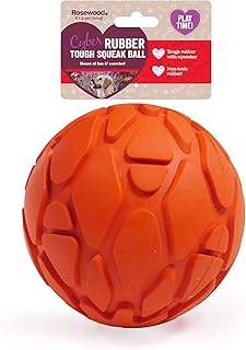 Rosewood Rubber, Tough Chew Resistant, Squeaky Ball Dog Toy, Orange