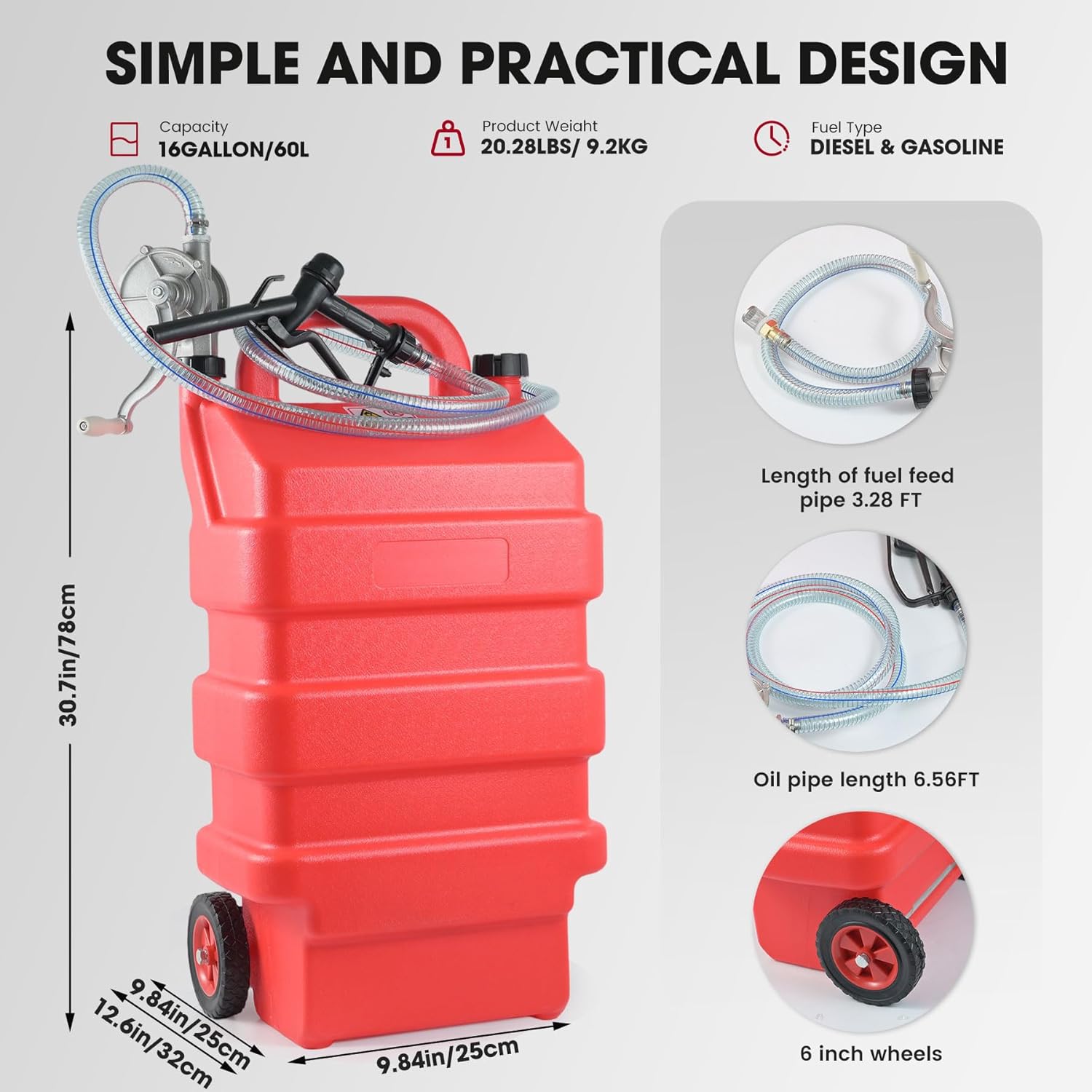 16 Gallon Fuel Caddy, Portable Gas Storage Tank with Manual Transfer Pump, Hose & 2 Wheels, Gasoline Diesel Fuel Container for Cars, ATVs, Boats, Lawn Mowers, Red