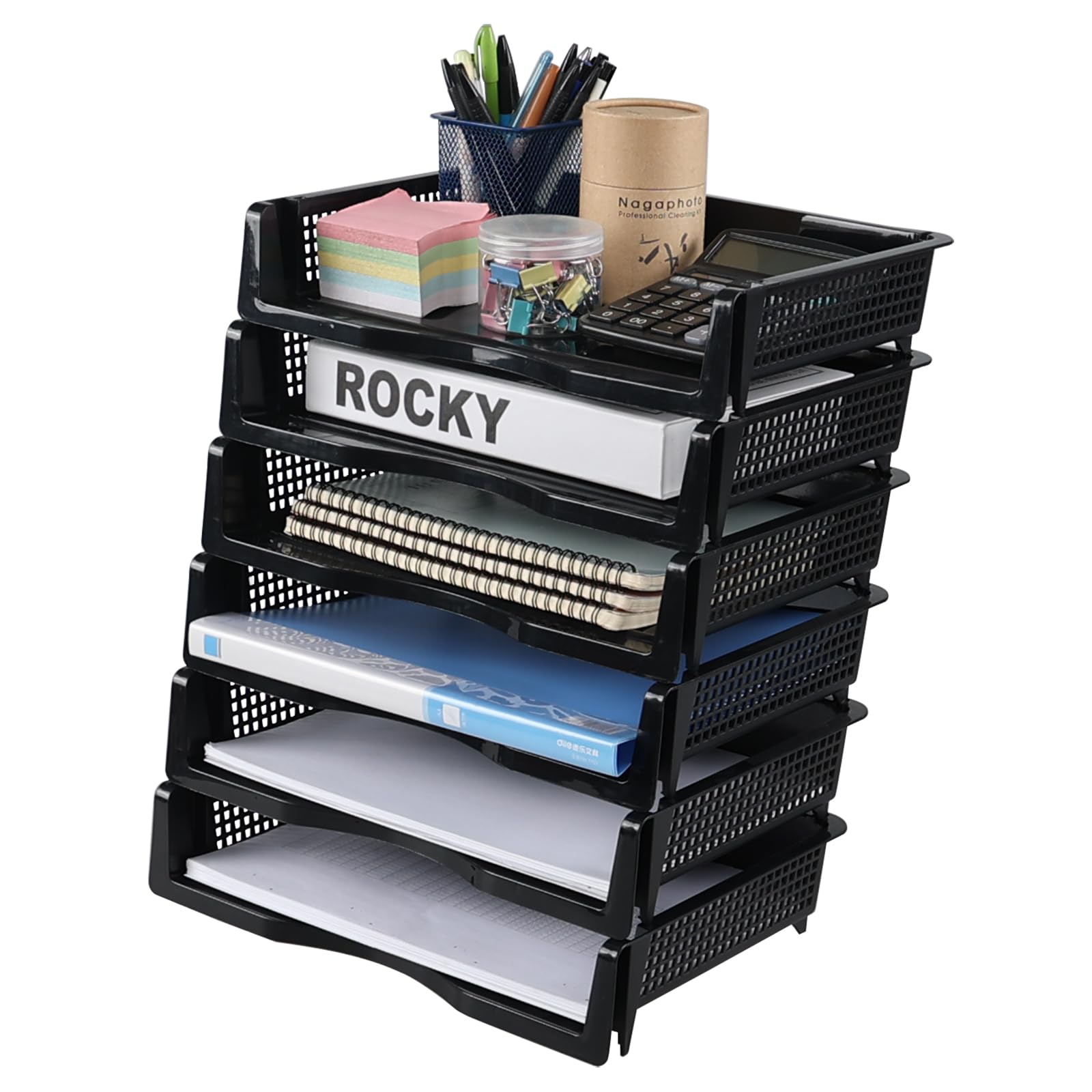 Rosebloom Plastic Stackable Paper File Storage Trays, Plastic Desk Letter Trays, 6 Packs