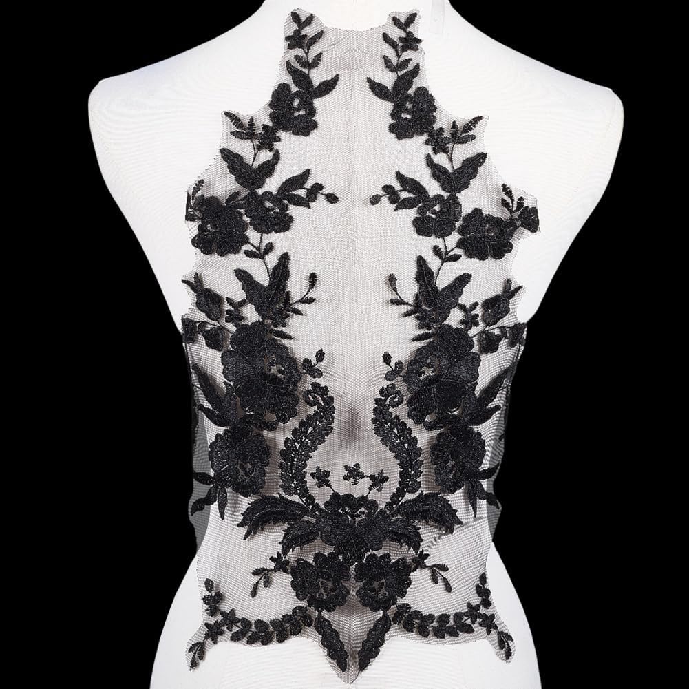 GORGECRAFT Flower Sew on Embroidered Lace Applique Black Floral Motif Sewing Patch Collar Fabric Wedding Bridal Dress Gown Appliques Mesh Repair Patch for Clothes Dress Pants Jeans Garments Decor