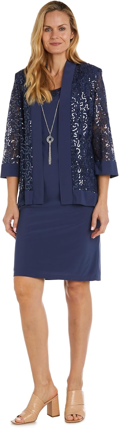 R&M Richards Women's 2-Piece Knee Length Banded Hi-Lo Sequined Jacket Dress W/Detachable Necklace
