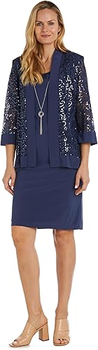 R&M Richards Women's 2-Piece Knee Length Banded Hi-Lo Sequined Jacket Dress W/De