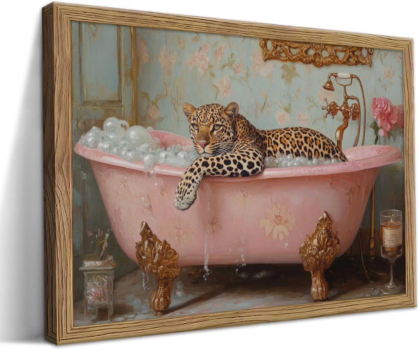 Framed Pink Leopard in Bathtub Canvas Wall Art Funny Cheetah Wall Decor Picture Vintage Animal Bathroom Aesthetic Poster Print for Bathroom Toilet Home Decoration