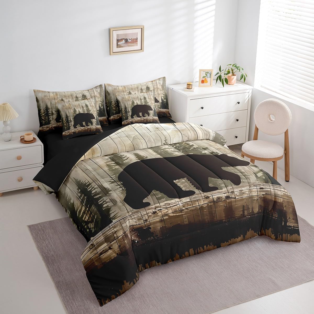 Feelyou Bear 7 Pieces Bed in a Bag Wildlife Hunting Bedding Set Full Size for Kids Boys Girls Rustic Cabin Comforter Set Farmhouse Bed Set