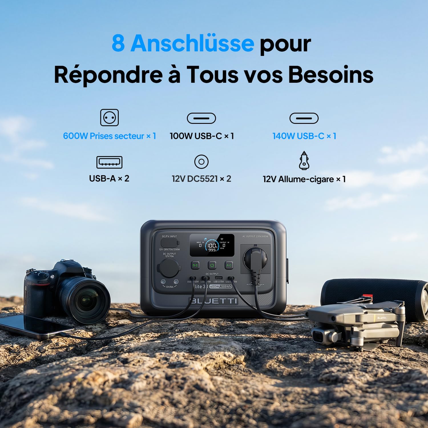 BLUETTI Elite 30 V2 Générateur Électrique Portable, Recharge de 0-100% en 70 Min, 288Wh 600W (Puissance de Surcharge 1500W), Batterie Nomade LFP, Solaire/CAC/Voiture, Pour Panne de Courant, Camping