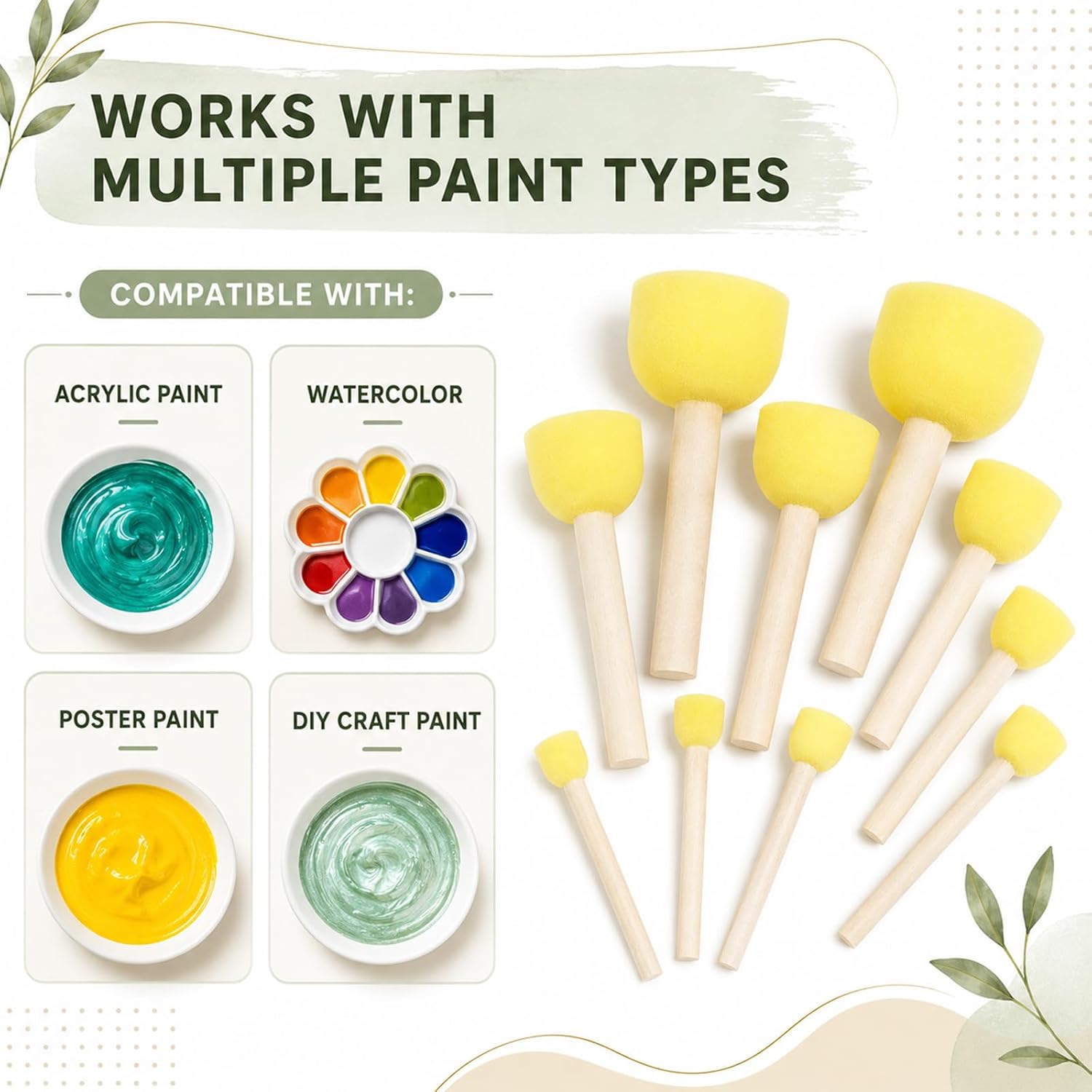 90 Pcs Round Sponge Paint Brush Set, 4 Assorted Sizes Foam Paint Brushes with Wooden Handles for Acrylic Painting, Kids Arts and Crafts, Stenciling, DIY Craft Projects, Yellow