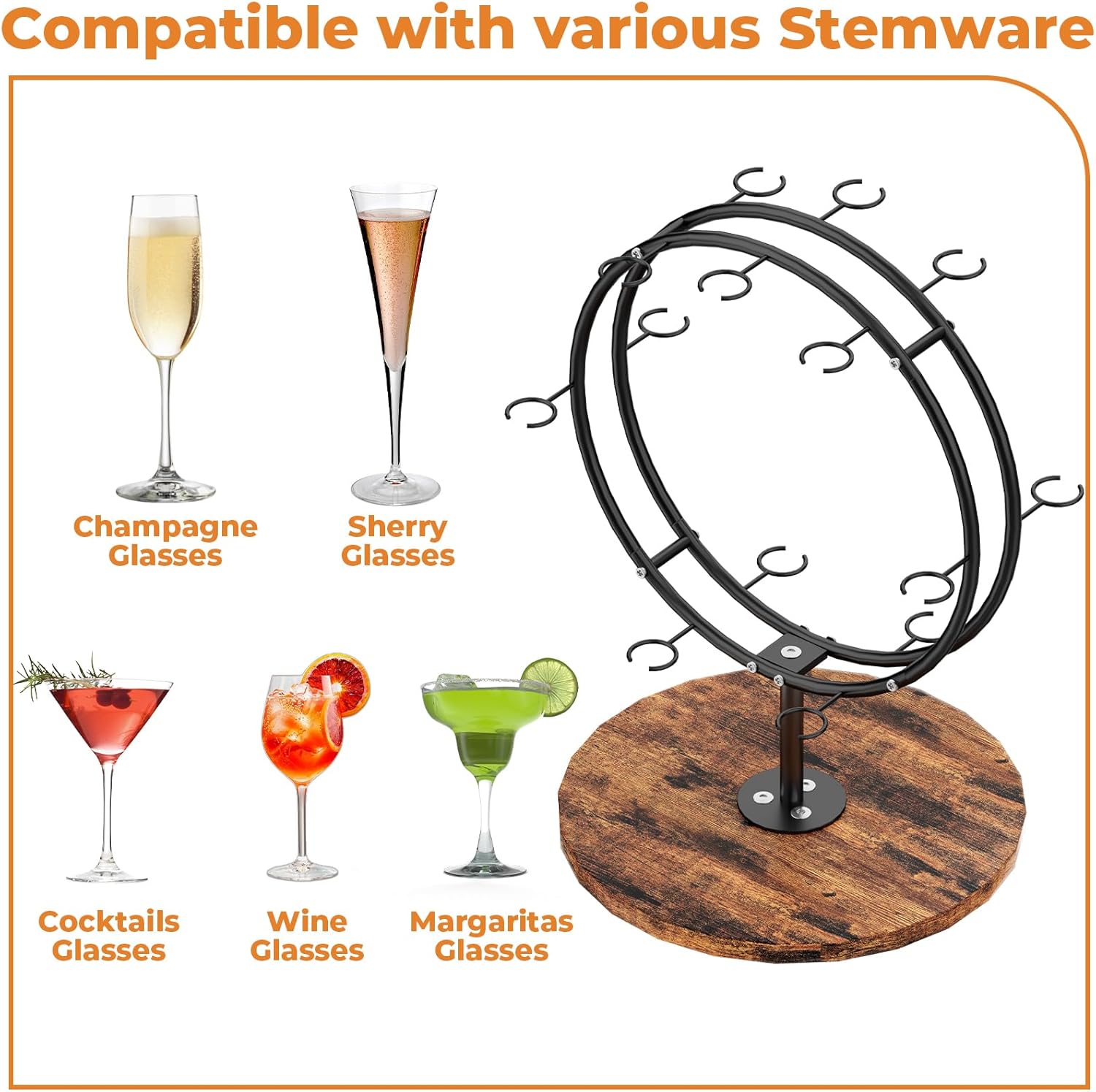 3-Tier Champagne Tower, 360° Rotating Wine Glass Holder with Wooden Base - Sturdy Black Metal Cocktail Stand for 12 Glasses, Easy Assembly Drink Rack for Martini Cups, Party, Wedding, Bar