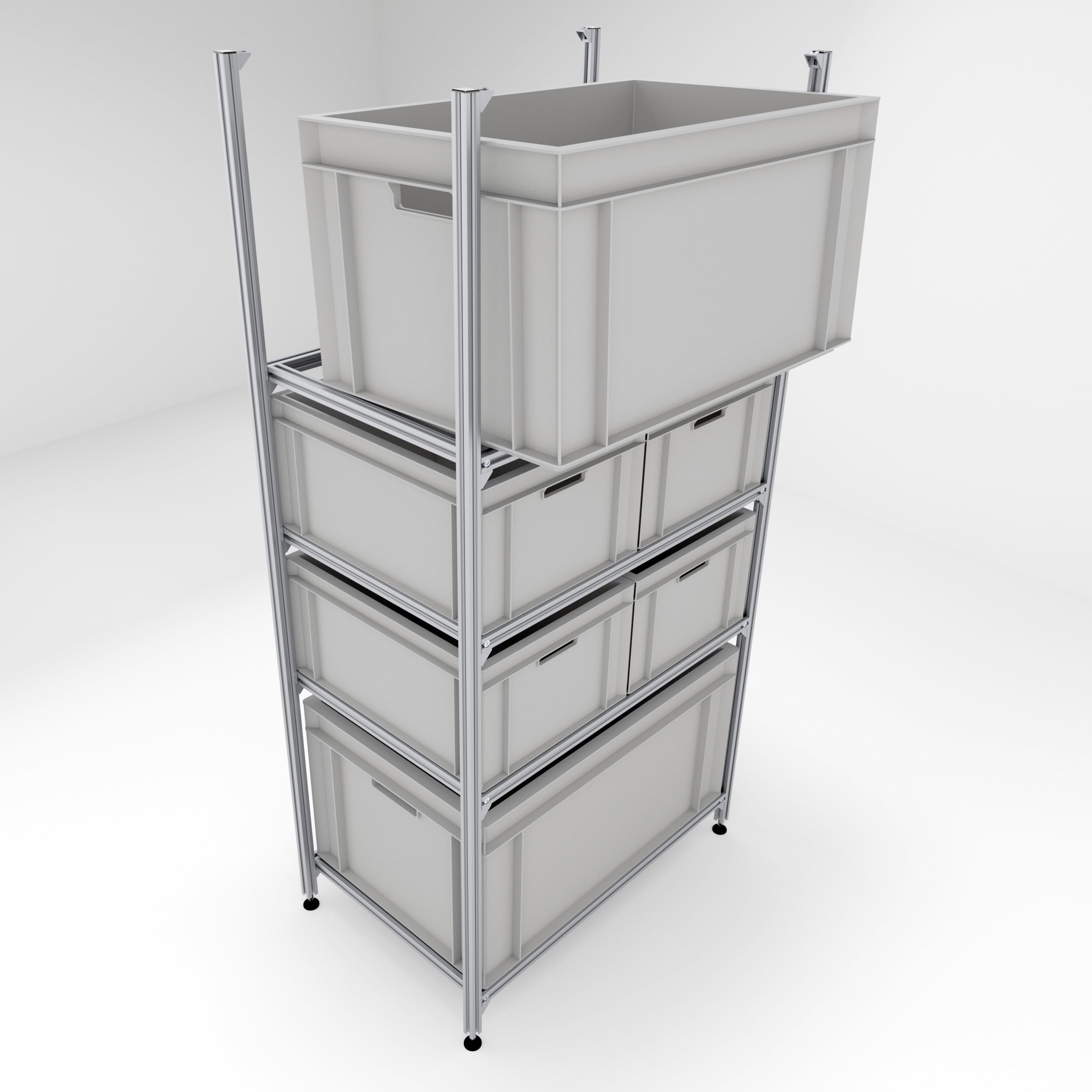 Regalsystem 60x40cm für Wohnmobile, Heckregal für die Heckgarage, Regal für Camper, alle Euroboxen (4 Etagen - Herausnahme der Boxen nach vorne)