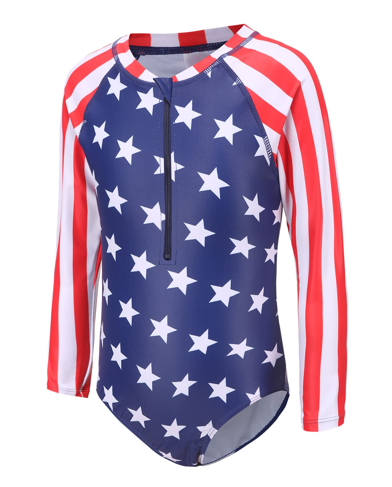 Girls Long Sleeve Rash Guard One Piece Swimsuit Kids UPF 50+ Sun Protection Swimwear Rainbow Striped Bathing Suit 3-14 Years