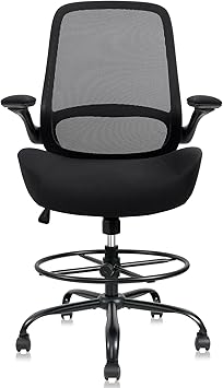 HYLONE 400lbs Big and Tall Heavy Duty Drafting Chair 5" Thickened Seat Tall Office Chair Flip-Up Armrests Ergonomic Chair with Lumbar Support and Adjustable Footrest Ring Standing Desk Chair Black