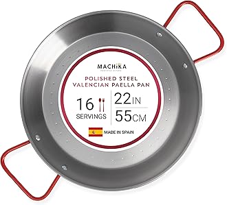 Machika Carbon Steel Pan, Premium Paella Pan for Perfect Socarrat, Versatile Carbon Steel Skillet for Indoor/Outdoor Cooking, Convex Bottom Design, 22 inches/16 Servings