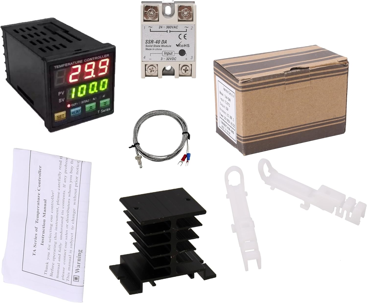 PID Temperature Controller Meter Indicator, Jaybva Digital Universal Thermostat C and Fahrenhe F Display SSR and Alarm Output 40A Solid State Relay and Thermocouple Probe Heat Sink Included