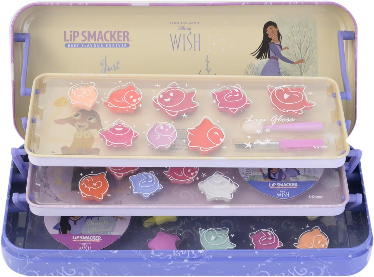 Wish Triple-Tier Beauty Tin, Kids' Makeup Set Inspired by Disney Wish with LipGloss, EyeShadows, Beauty Accessories, and Stickers Included