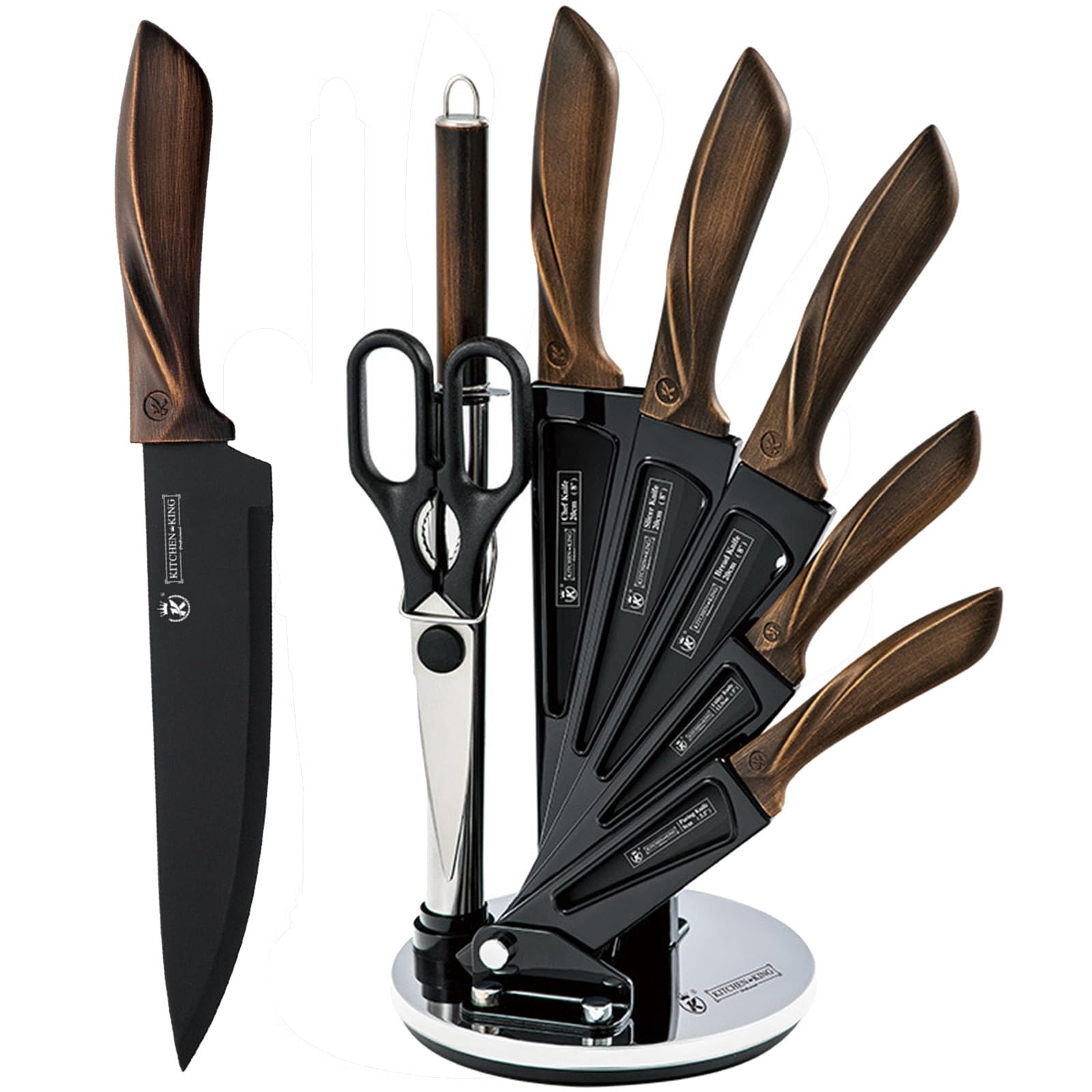 bpa 【TTQK】Kitchen Knife Set, 8 Pcs kitchen knife set + knife block, black blade + vintage handle, knife set with scissors and sharpener，High Carbon Stainless Steel Kitchen Knives Sets Professional