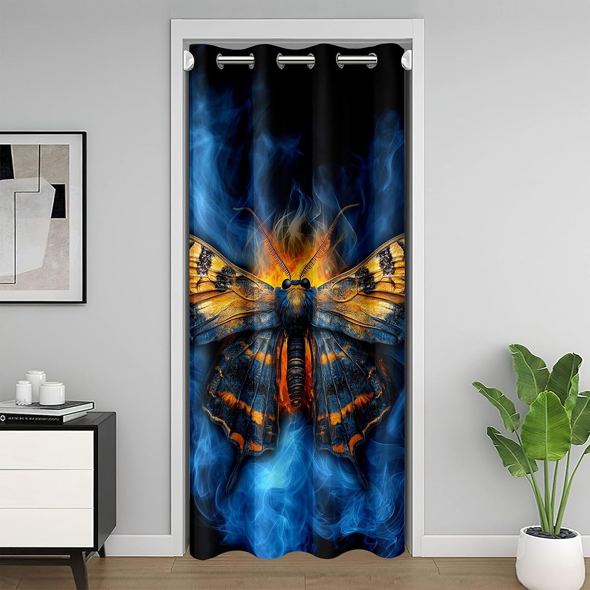 Erosebridal Butterfly Door Curtain For Doorway Privacy 59"W x 80"L, Halloween Insects Gothic Reversible Door Drape, Fire Smoky Printed Kids Blackout Curtain, Blue Orange Animals Room Divider Curtain