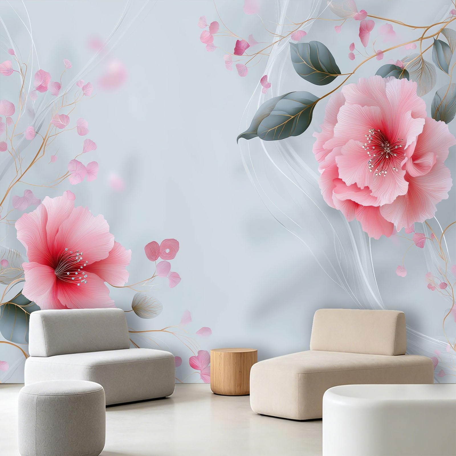 Générique Tapeta ścienna do salonu - kwiatowe płatki piwonii - 300x210cm Panoramiczna tapeta z włókniny, botaniczne linie falowane dekoracje ścienne 3D gobelin fotograficzny