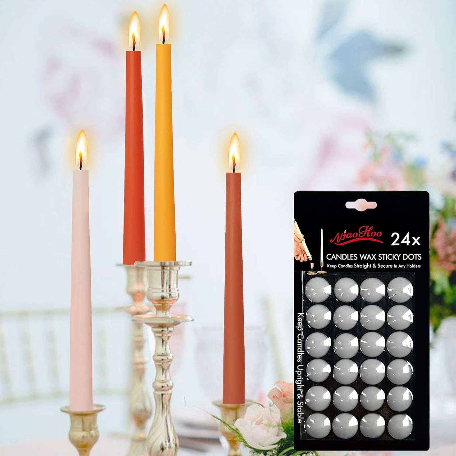 NJAO HOO Citrus Scented Candles 10" Taper Candlesticks Tall Tapered Candle, 24 Pack Candle Sticky Dots Candle Adhesive