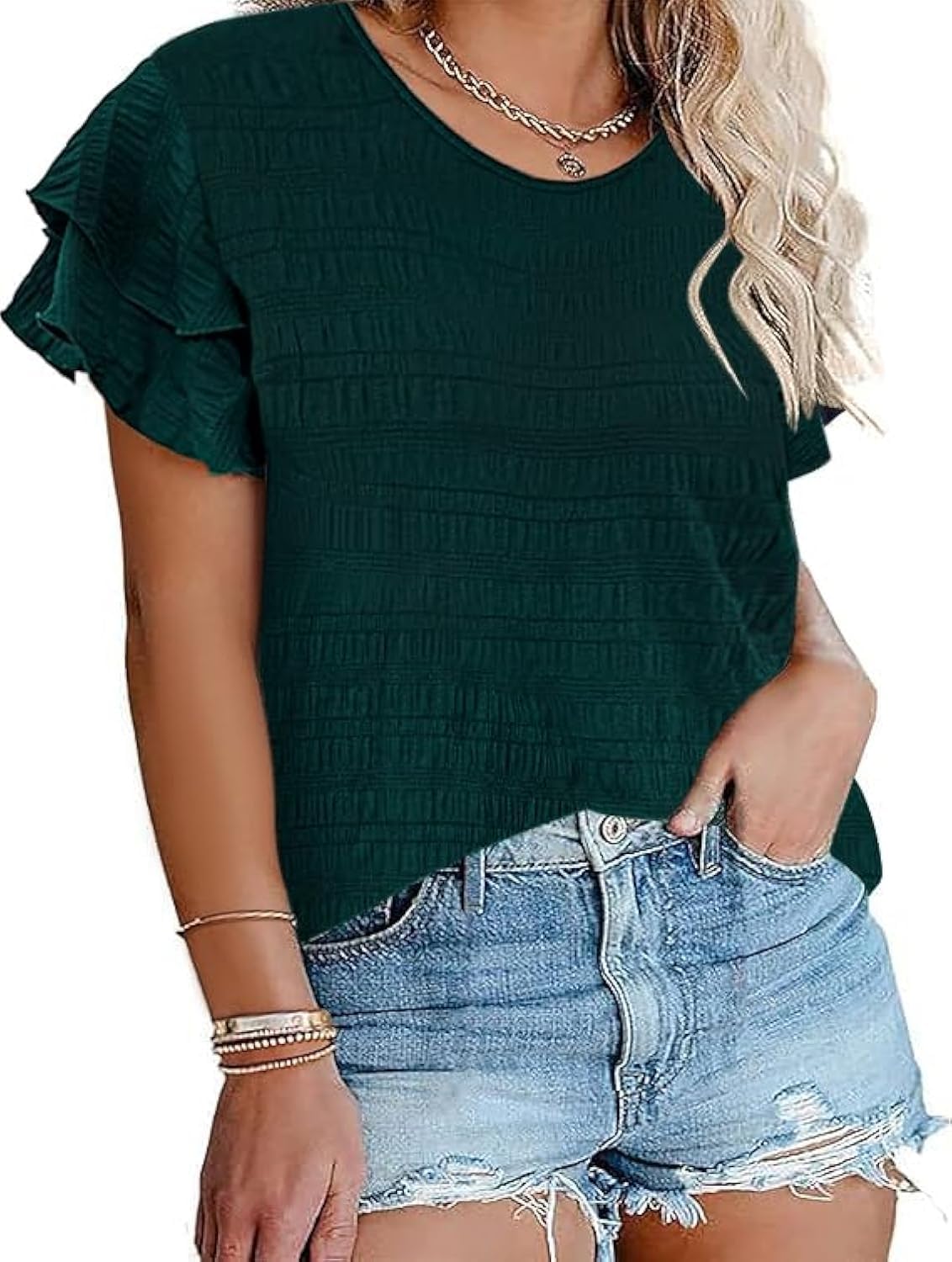 SCOMCHIC Womens Plus Size Textured Tops Summer Ruffle Short Sleeve Casual T Shirts Crewneck Loose Fit Tee Blouse Shirts