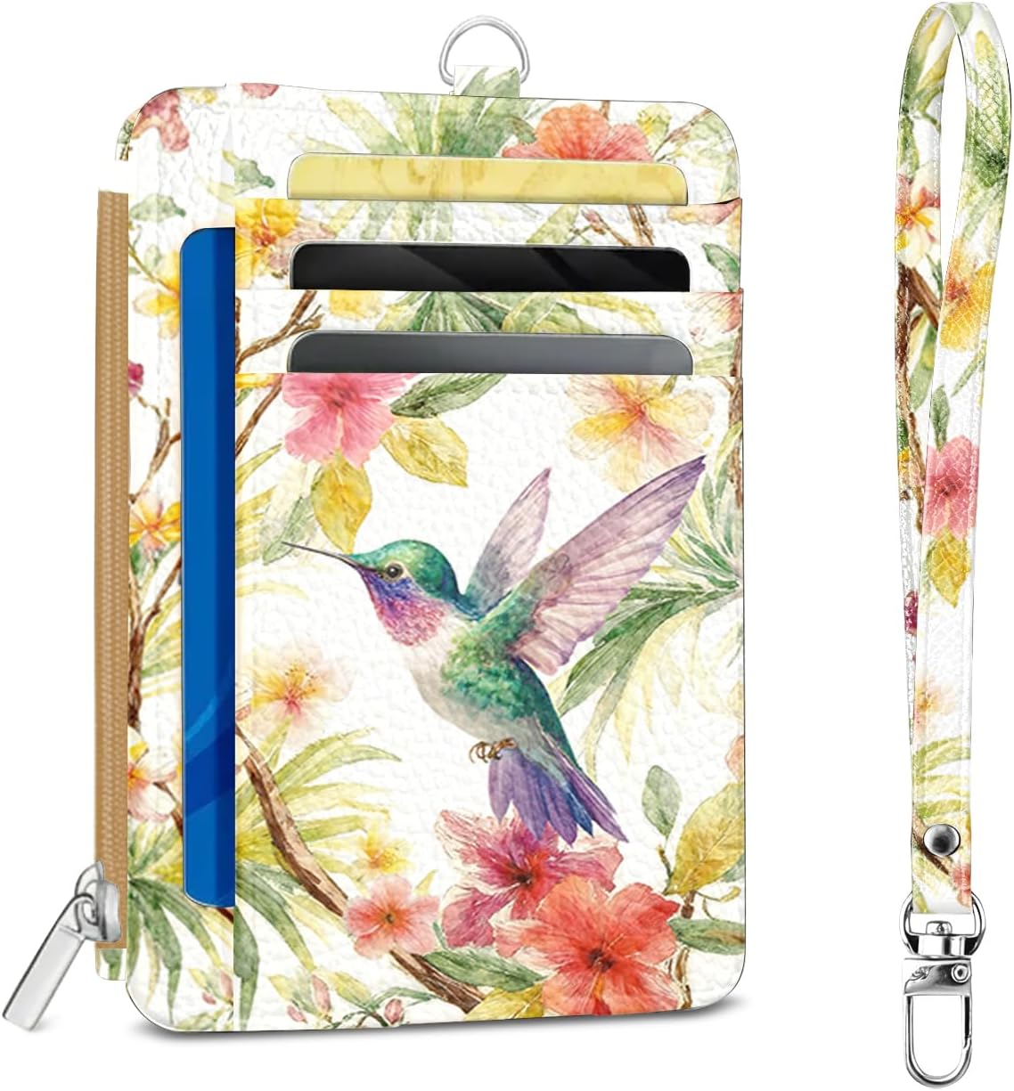 Hummingbird Credit Card Holder Slim Wallet, Bird PU Leather Front Pocket Small Wallet Card Holder, RFID Blocking Women Wallets Hand Strap Zip, Thin Cards Case ID Window, Travel Credit Cards Organizer