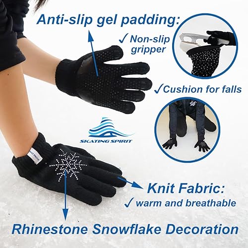 Miniatura 3 de SkatingSpirit - Guantes acolchados de gel para patinaje sobre hielo con copos de nieve de diamantes de imitación (1 par), guantes antideslizantes