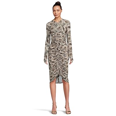 Norma Kamali Long Sleeve V Neck Shirred Front Dress To Knee Women
