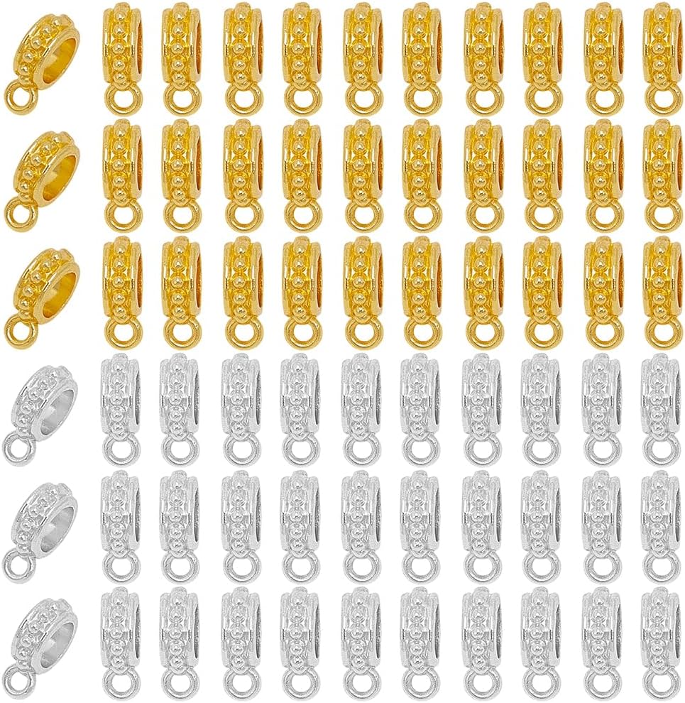 1 Box 160Pcs Connector Bail Beads Small Bail Tube Beads Bulk Alloy Textured Tibetan Style Silver Spacer Beads Charm Clasp Bead Hanger for Jewelry Making Charms Pendants Necklaces Supplies