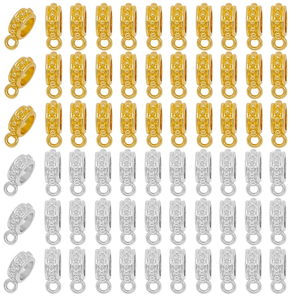 SOFPLATE 1 Box 160Pcs Spacer Bail Beads with Charms Metal Tube Bails Tibetan Gold Silver Alloy Textured Clasp Charms Connector European Loop Spacer Beads for Jewellery Making Bracelet Necklace Crafts