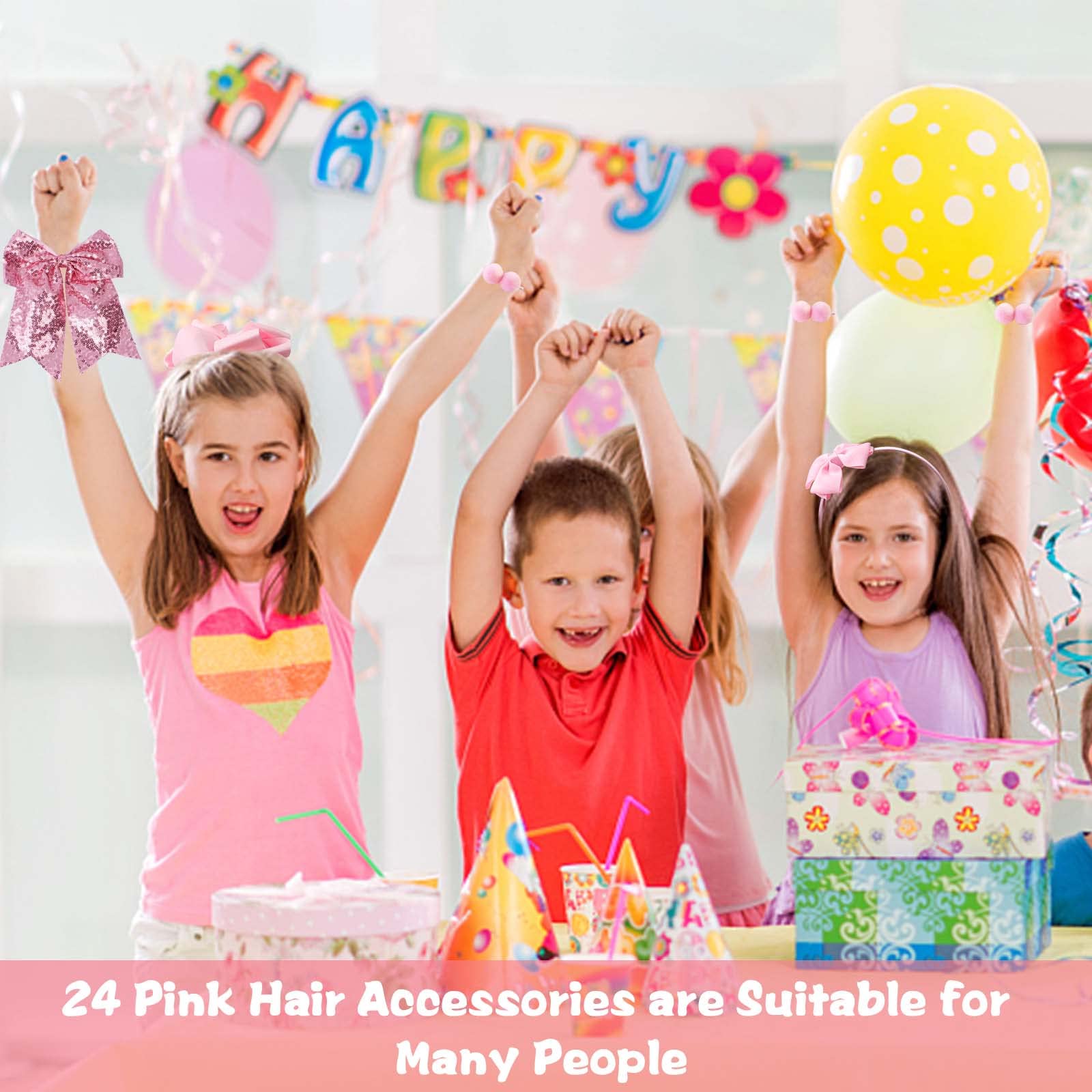 Conjunto de 24 pcs de Accesorios para el Cabello de Niña Rosa, Mariposa Pelo Cuerda Pinza, banda, Bola Redonda Banda de Pelo, Accesorios para el Cabello con Lentejuelas,Decoración de Peinado y Regalo
