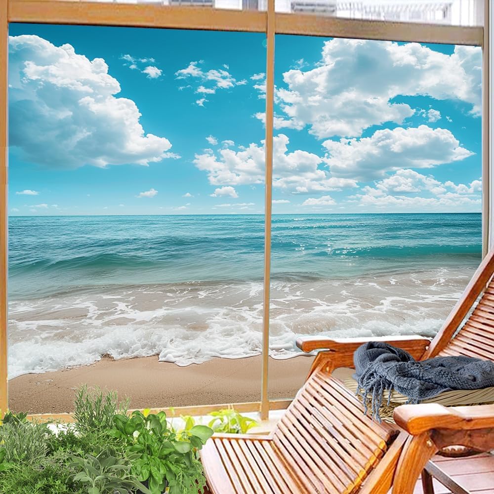 Ocean Landscape Stained Glass Window Film, Modern Nature Beautiful Beach Decorative Frosted Self Adhesive Glass Film, Sun Blocking Heat Control, 35.4Wx63L-inch x2 Pcs