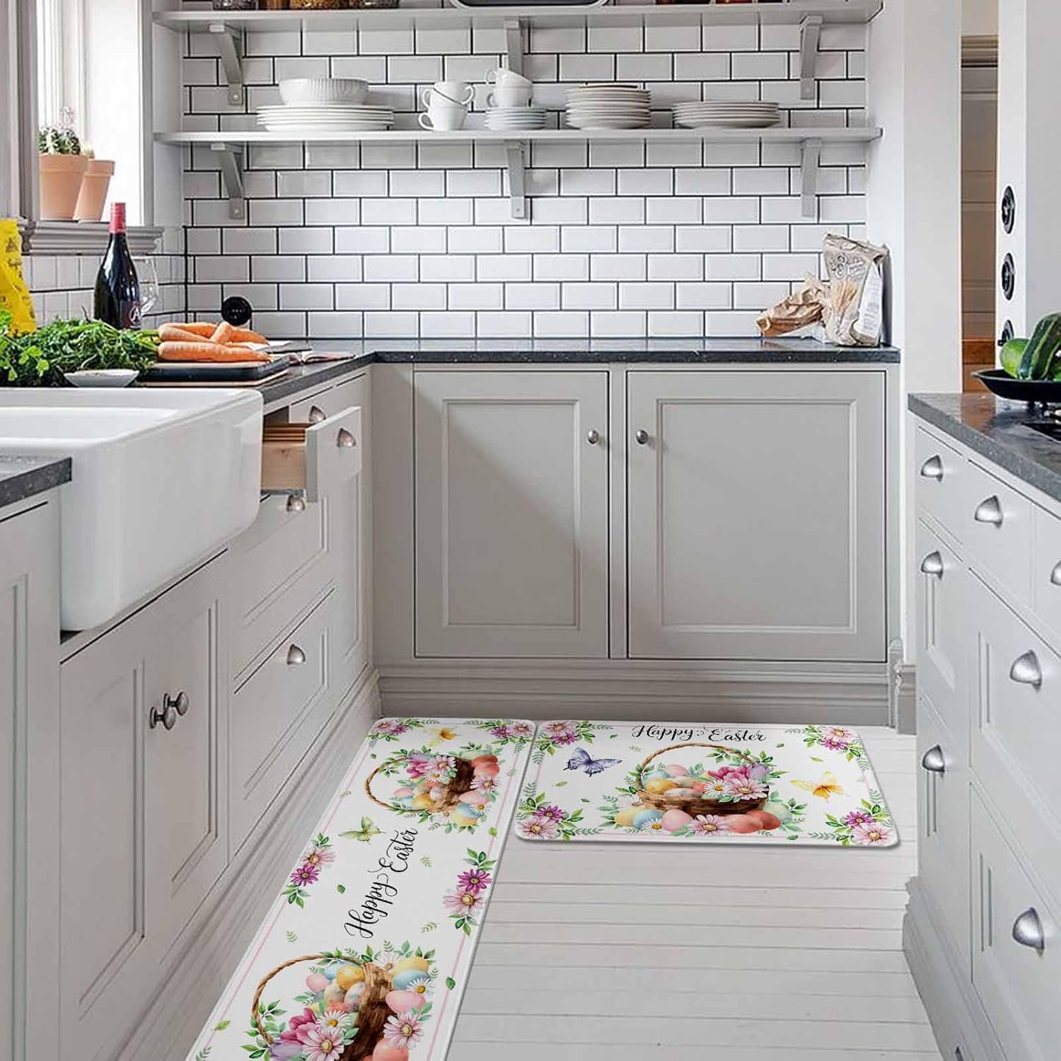Spring Easter Kitchen Rugs and Mats Set of 2, Non-Slip Kitchen Sink Mat, Colorful Eggs Daisy Flowers Basket Butterfly Washable Doormat Bathroom Rugs Runner for Bedroom 19.7"x31.5"+19.7"x63"