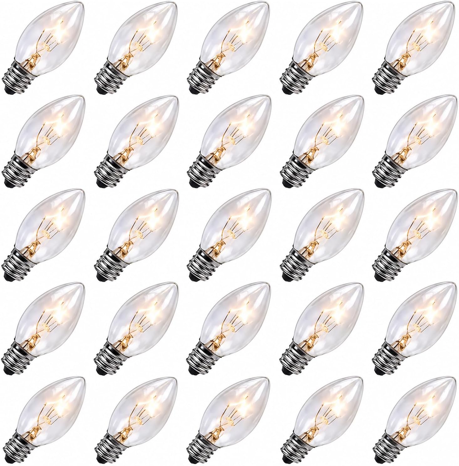 Couah 25 Pack C7 Clear Bulbs, 5W C7 Replacement Light Bulbs with E12 Candelabra Base, Clear Glass Incandescent Bulbs for Christmas String Lights, Night Lights, Window Candles E12 Base Christmas Bulbs