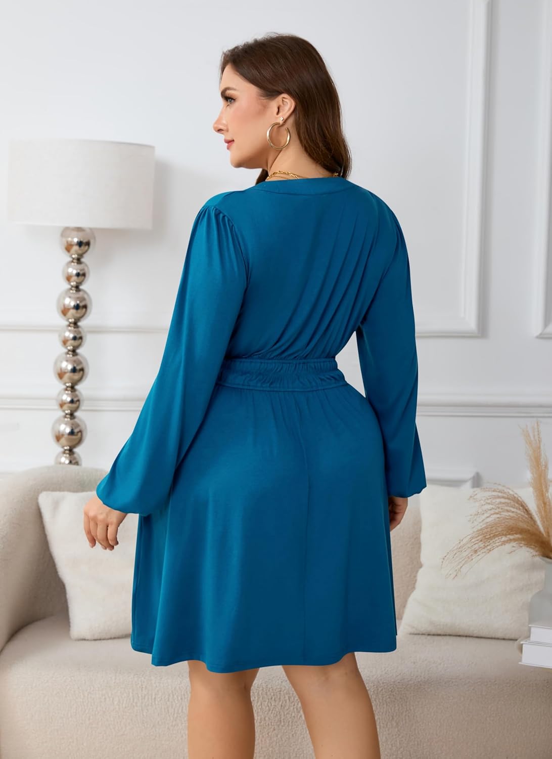 Plus Size Dresses Womens Casual Elastic Waist Long Sleeve V Neck Midi Flowy Dress with Pockets - Image 3