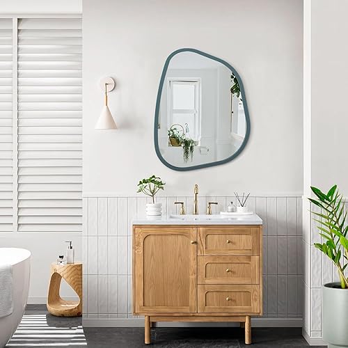 Miniatura 94 de Espejo de pared irregular de 26 x 18 pulgadas, espejo de baño grande asimétrico con marco de madera, espejos decorativos artísticos modernos