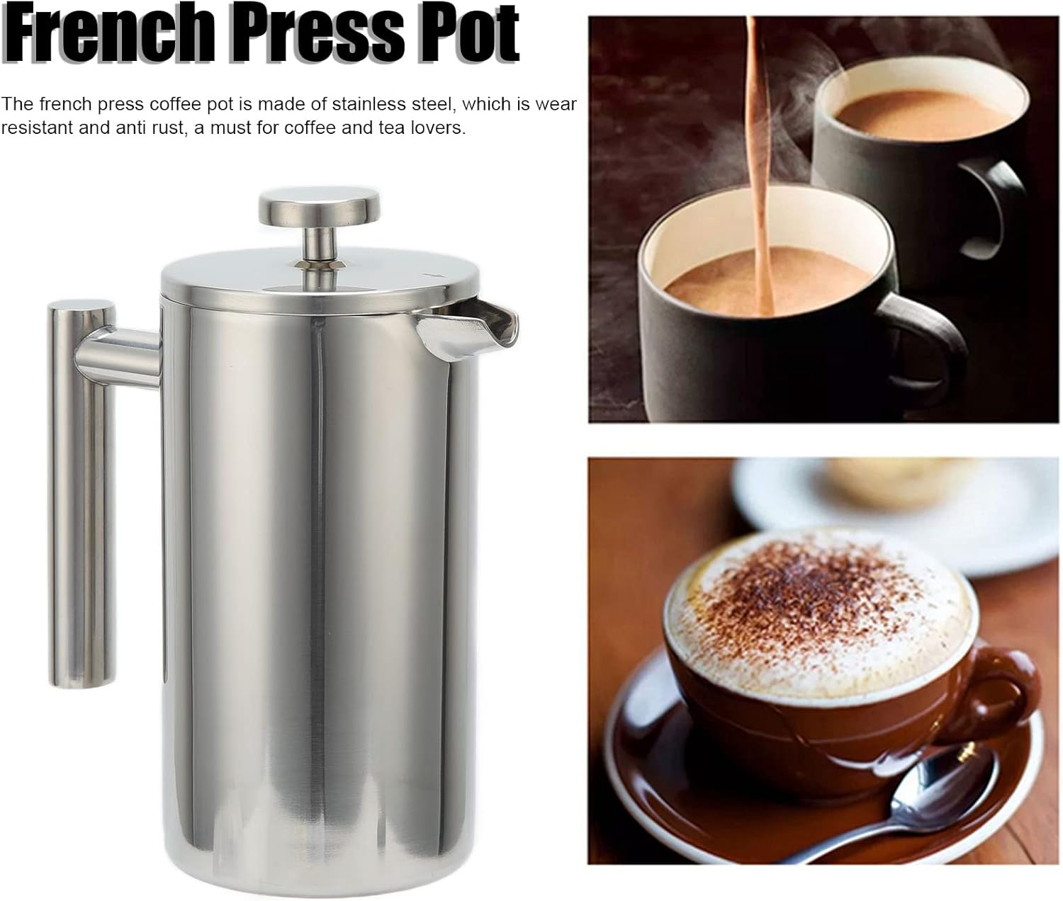French Press Pot, 1000ml Large Capacity Stainless Steel French Press Coffee Pot Hand Brewed Coffee Tea Maker for Home