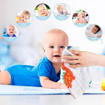 Muslin Squares Baby Washcloths Muslin Burp Cloths for Baby 6 Layers 100% Cotton Baby Soft Face Towels 25x25 cm 10 Pack Random Pattern