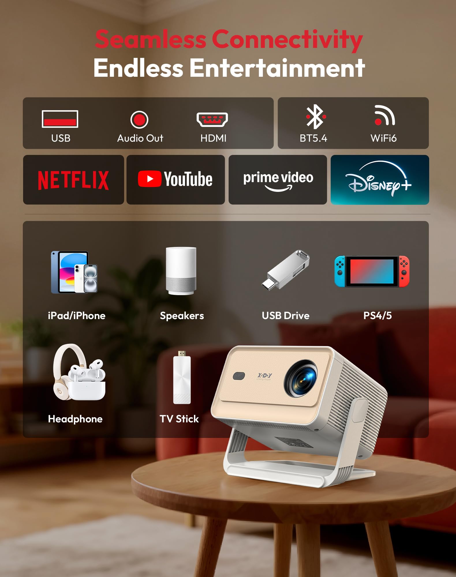 Xgody Gimbal N6 Pro projektor wideo kompatybilny z Netflix, FHD 1080P natywny projektor wideo Bluetooth, automatyczna kalibracja ekranu i sterowanie głosem, jasność 700 ANSI, WiFi 6