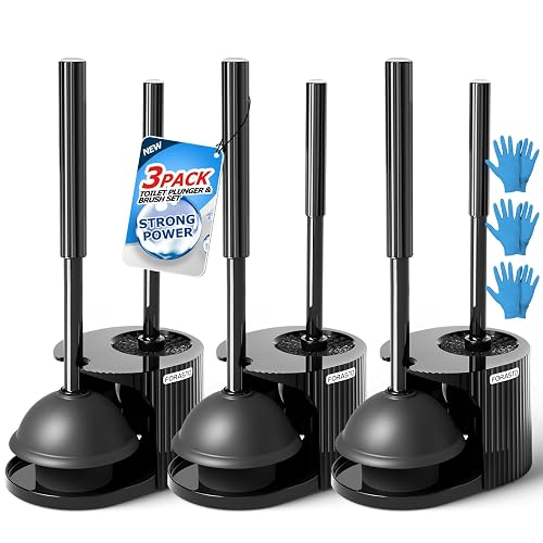 FORASTO 2IN1 Toilet Brush and Plunger Set, 3Pack Extended Handle Combo | Black Bathroom Accessories, Bathroom Decor, Apartment Essentials, Home Essentials, Cleaning Supplies, Compact Floor Storage