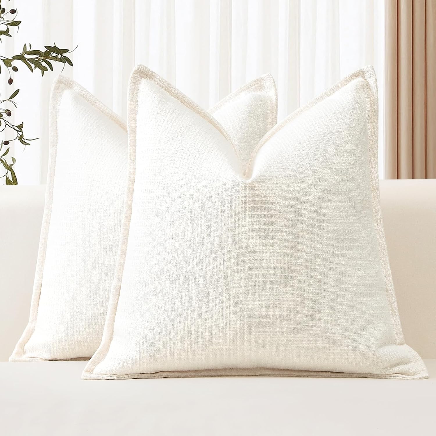 OTOSTAR Pack of 2 Cream Decorative Pillow Covers 24x24 Inch Soft Linen Texture Couch Throw Pillows Farmhouse Cushion Covers with Elegant Design for Sofa Bedroom Living Room Home Decor 60 x 60 CM
