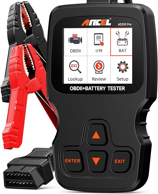 Escáner AD310 Pro Bluetooth OBD2 con probador de batería, lector de código de luz de control del motor y herramienta de diagnóstico de automóvil con datos en vivo, estado de la batería, pruebas del sistema de arranque y carga para vehículos a partir de 1996