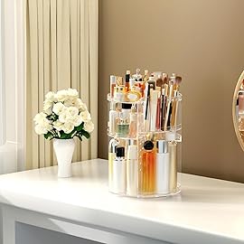 HEMTROY Makeup Organizer 360 rotating, Adjustable Skincare Organizer with Brush Holder, Cosmetics Display Cases for Vanity Bathroom Countertop Large Capacity Carousel Make up Caddy Shelf (Transparent)