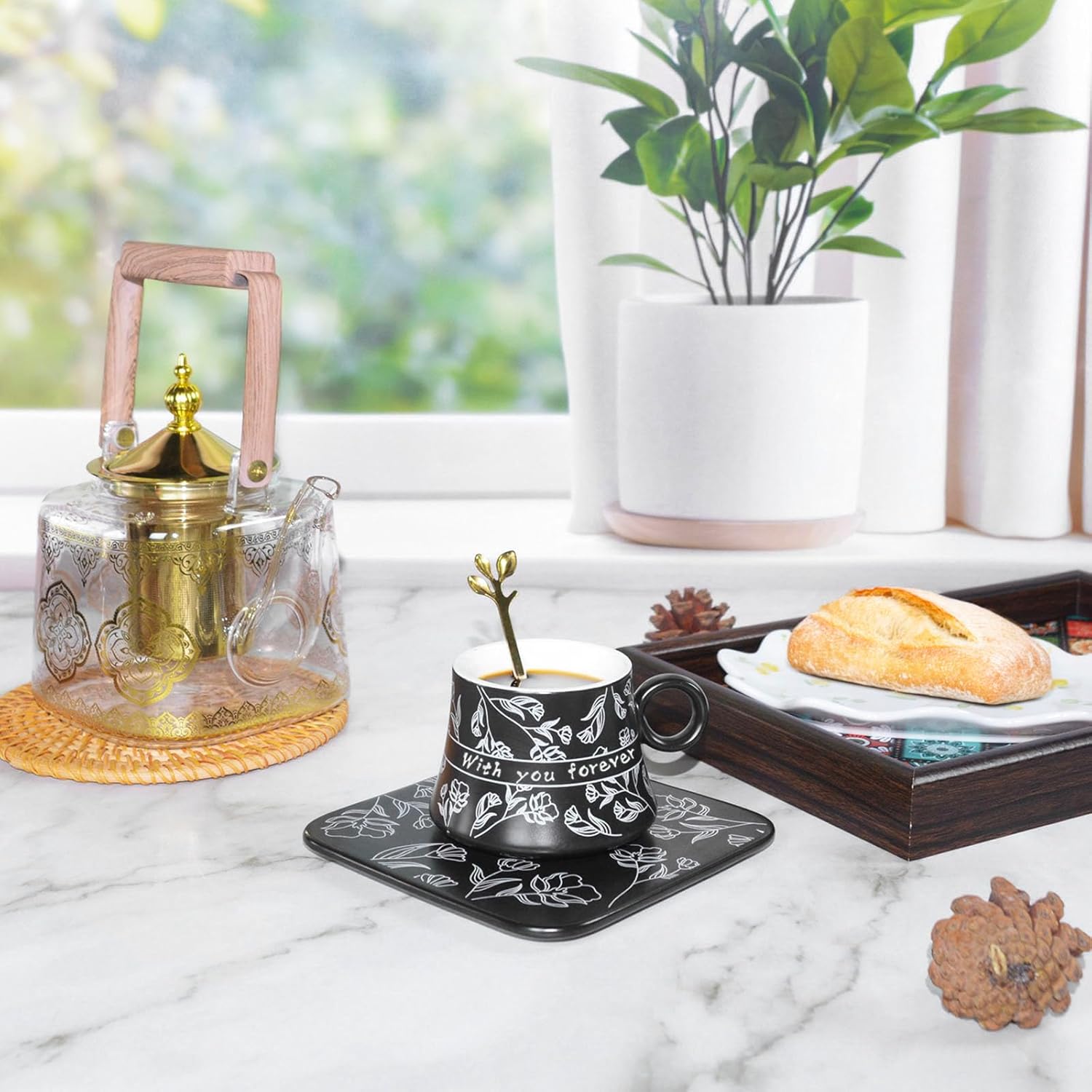 Espresso Cup Set, Small Coffee Cups with Saucers and spoon(12-piece), 6.1oz Porcelain with white Pattern Espresso Cup, Perfect for Tea, Turkish, Greek, and Arabic Coffee, Black