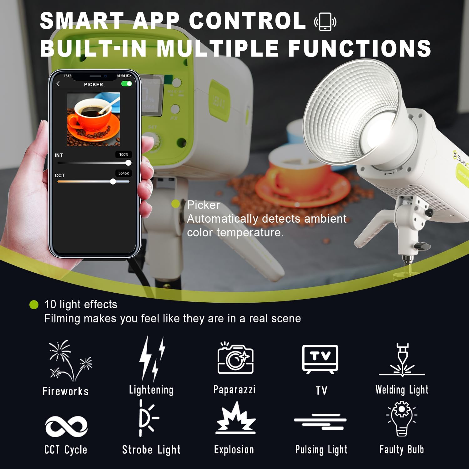 S200BPro 200w 310W Max COB LED Video Light, 2700-6500K Bi-Color Video Lighting with 39,000 Lux@1m and 3,500 Lux@3m, CRI97+ TLCI99+ for Photography Video Recording, Smart App Control