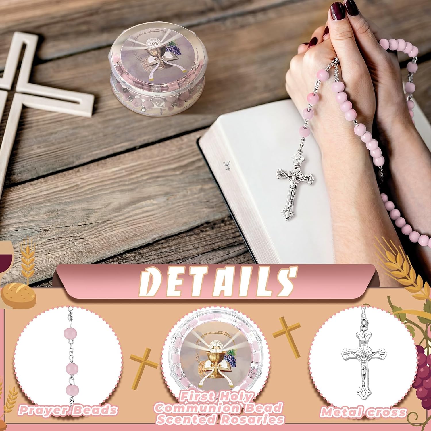 Tondiamo 12 Pcs First Holy Communion Rosaries Necklace Bead Scented Baptism Rosaries Divine Jesus for Guest Religious Event Baptism Party Favor Memorial Gift