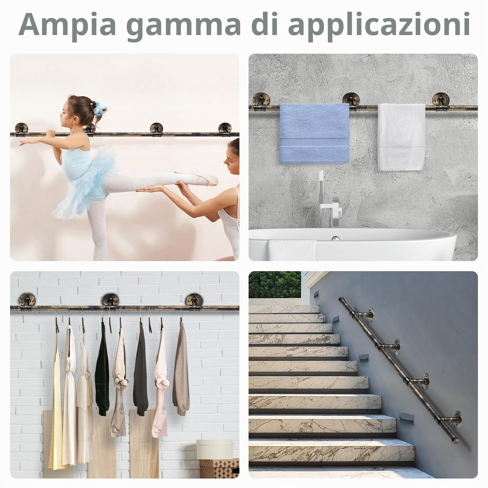 TANiCE Maniglione in Ottone per Scale Corrimano Antiscivolo in Acciaio con Tubo Industriale Supporto Robusto per Interni ed Esterni Installazione Facile per Bambini e Anziani (Bronzo 1,5m)