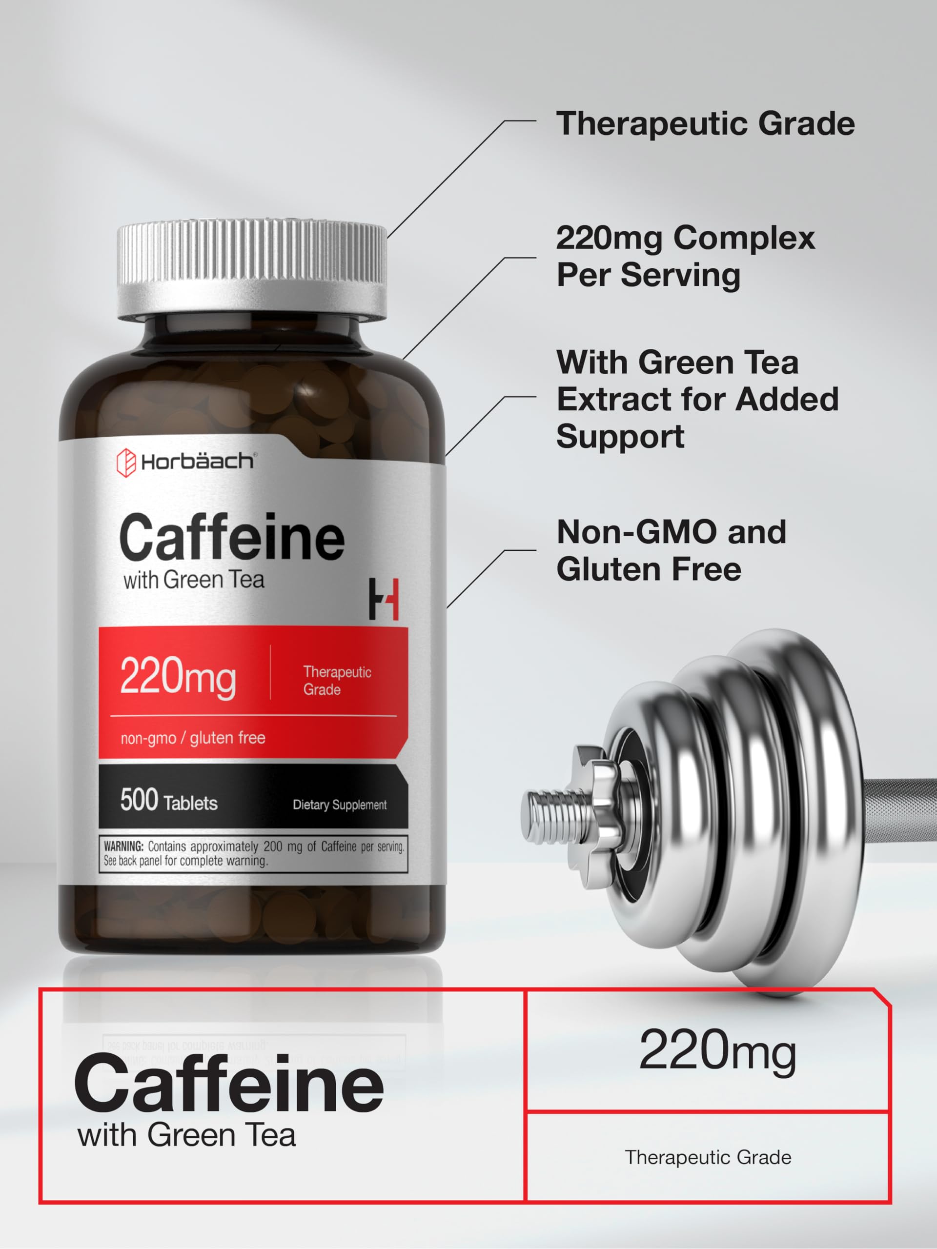 Horbäach Caffeine Pills 220mg with Green Tea | 500 Tablets | Vegetarian, Non-GMO & Gluten Free — Amazon image 4