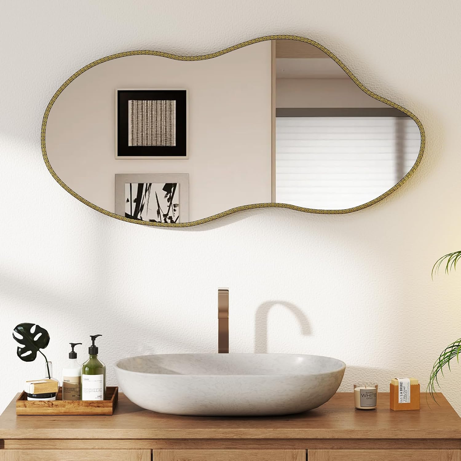 21x36 Inches Irregular Wooden Wall Mirror, Modern Gold Asymmetrical Bathroom Mirror for Living Room, Bedroom and Entryway Decor 21"L x 36"W