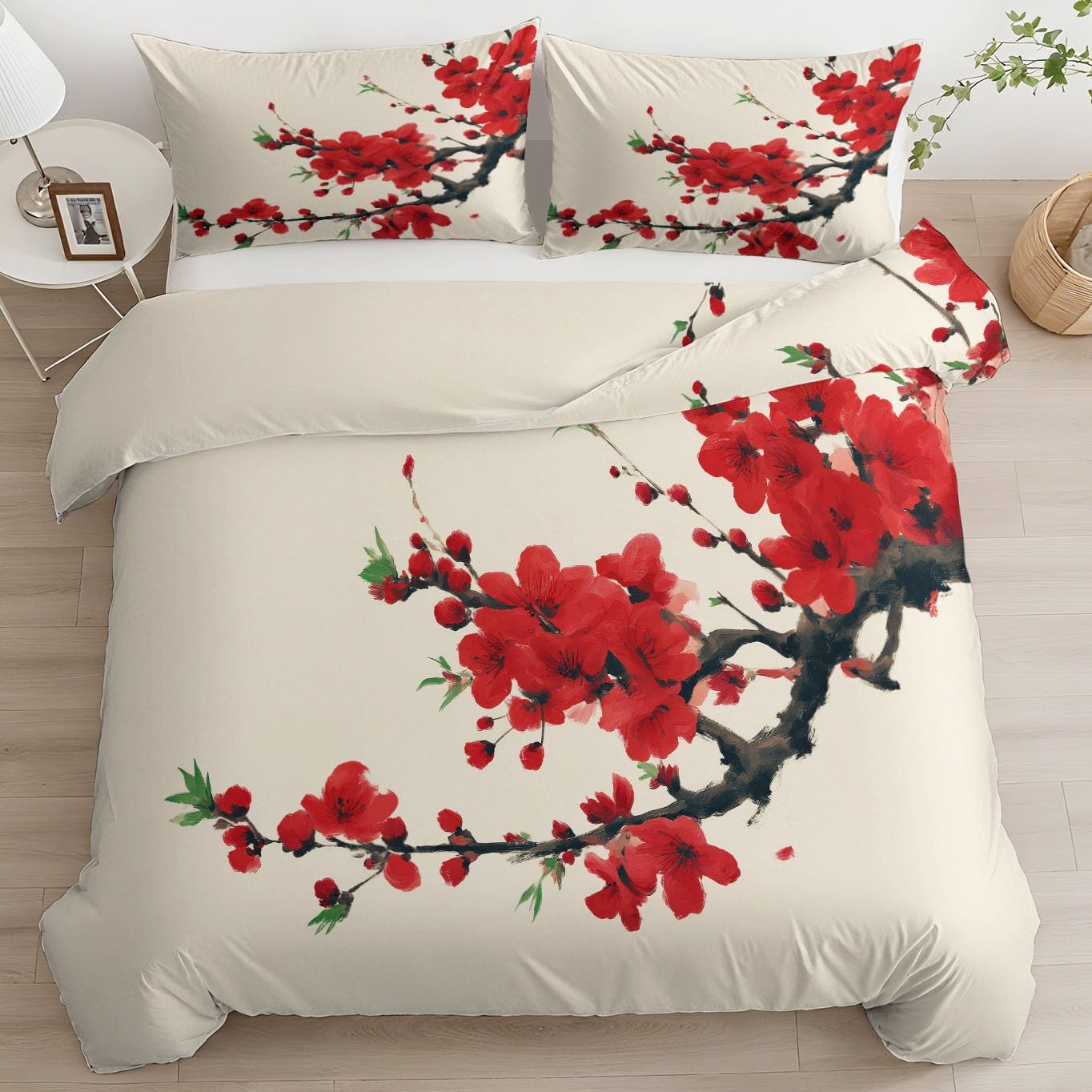 Zestaw poszewek na kołdrę w stylu malarstwa atramentowego, rozmiar super king-size, 260 x 220 cm, szczotkowana mikrofibra, miękkie poszewki na kołdrę z narożnymi wiązaniami, gałęzie, kwiaty, dekoracja